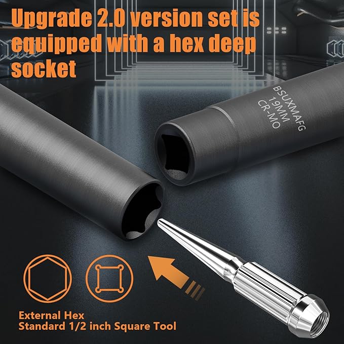 8Pcs Wheel Lock Removal Kit, Locking Lug Nut Master Key Set for Easily Removing Spline and Hex Style Aftermarket Wheel Lug Nuts, 5, 6, 7, 12 Spline and Spike Lug Nut Socket Key
