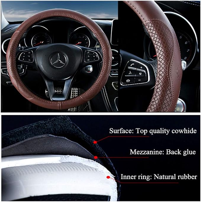 Brown Wheel Cover Cowhide Steering Wheel Cover Brown Leather Car Steering Wheel Cover Universal Size M / 15inch Fit Car/Auto/SUV (A-Brown-M)