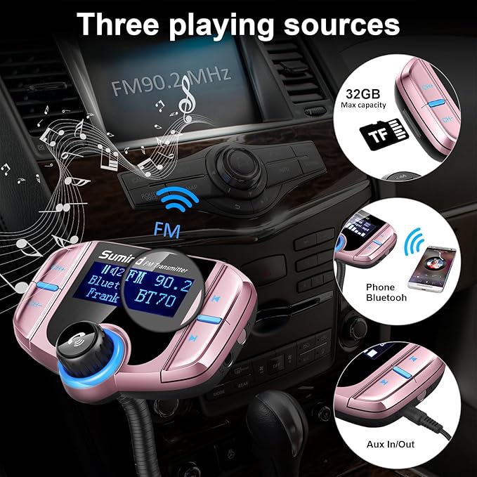 Sumind 2026 Upgraded Wireless Bluetooth Car Adapter FM Transmitter, 1.7'' LCD Display, Flexible Gooseneck, 20W QC3.0&Dual USB Ports, AUX Input/Output for Hands-Free Call, Micro/TF Card(Rose,PD)