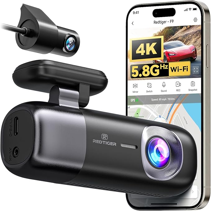 REDTIGER F9 Dash Cam 4K Front and Rear 1080P, WiFi GPS Car Camera with 32GB Card, Dual Dash Camera for Cars, Loop Recording, Night Vision, Parking Mode, Smart App Control, Support 256GB Max