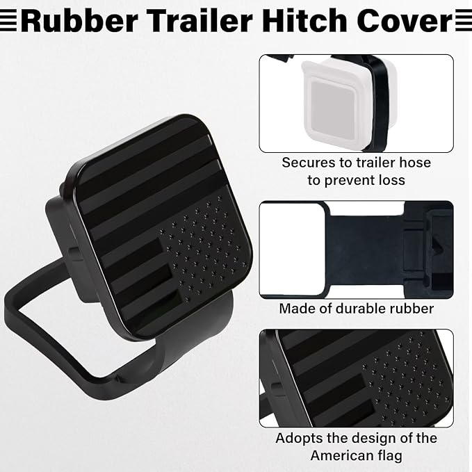 2 Inch Rubber Trailer Hitch Cover, Durable Tow Hitch Covers with American Flag, Car Exterior Accessories Fits for 2 Inches Hitch Receivers, Hitch Cover Tube Plug Cap for Trucks(Black&Black Line)