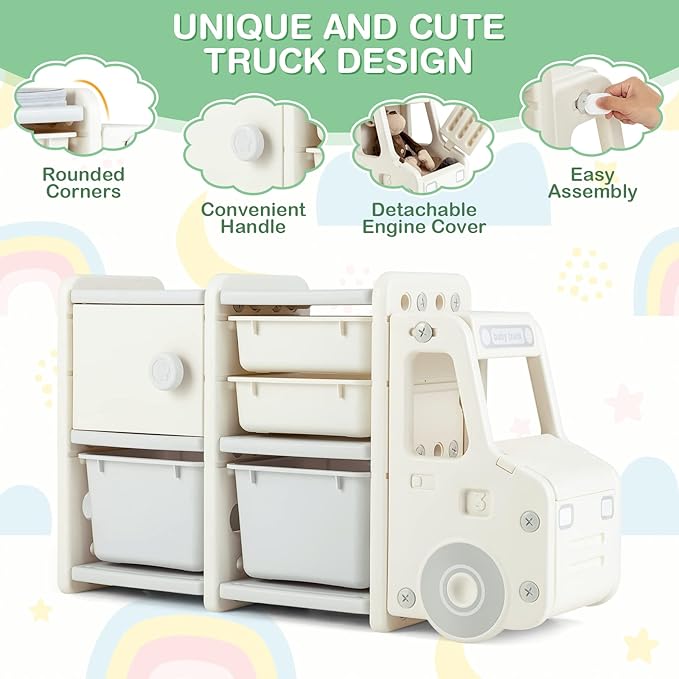 Costzon Toy Storage Organizer, Toy Shelf with with 2 Removable Toy Bins, 2 Pull-Out Drawers, Enclosed Cabinet, Kids Bookshelf, Toy Organizers and Storage for Kids Room, Playroom, Nursery (Beige)