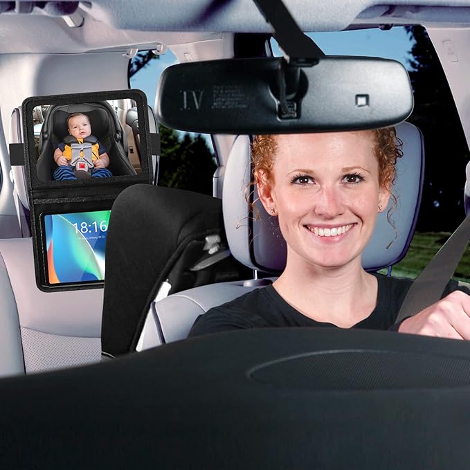 Baby Car Mirror with Adjustable Tablet Holder, Road Trip Essentials for Kids, Backseat Mirror to See Rear Facing Infant, Ipad Case for Car Headrest