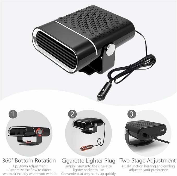 12V Portable Car Heater for Vehicle,Car Heater and Windshield Defroster and Demister Features Heating Cooling and Air Purification Functions,360° Rotating Cigarette Lighter Port Heater for Cars Black