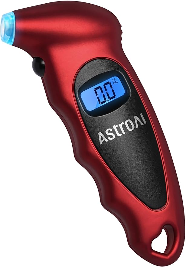 AstroAI Digital Tire Pressure Gauge 0-150PSI, Accurate in 0.1 Increments, Backlit LCD and Presta Valve Adaptor Included, 4 Units of Measurement for Car Truck Bicycle, Red