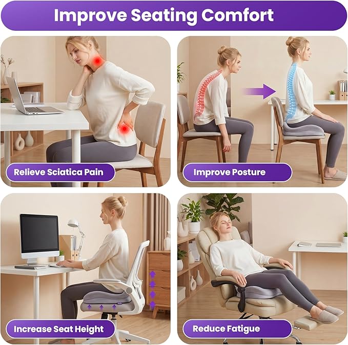 ZZ-WELL Seat Cushions for Office Chairs - Coccyx Cushion for Tailbone Pain Pressure Relief - Memory Foam Butt Pillows for Long Sitting - Patented Design, Extra Large & Thick, 21.2 Inches (Light Grey)