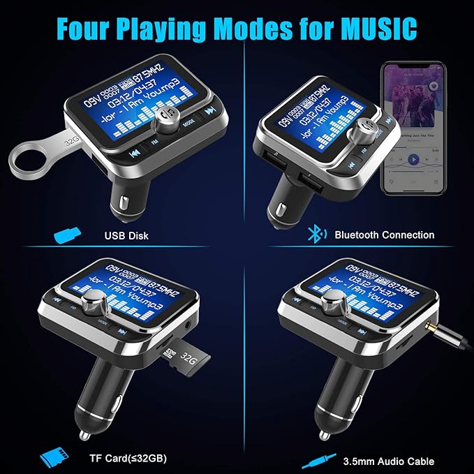 Bluetooth FM Transmitter for Car, Wireless Radio Adapter Hands-Free Kit With 1.8 Inch Display, Dual USB Charger, AUX Input/Output, TF Card Mp3 Player, Silver