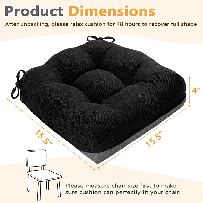 MAGIC ELEPHANT Chair Cushions for Dining Chair, Shredded Memory Foam Kitchen Chair Cushions Set of 4, Non-Slip Thick Dinning Room Chair Pads Seat Cushions, 15.5" x 15.5" x 4" (Black)