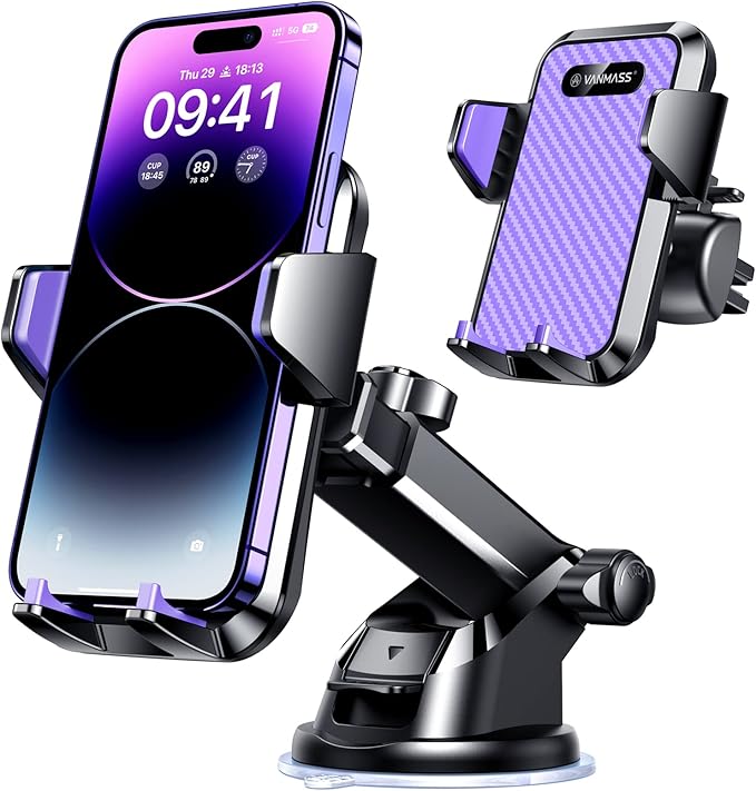 VANMASS【85+LBS Strongest Suction & Military-Grade Ultimate Car Phone Mount【Patent & Safety Certs】 Cell Holder Truck for Dash Windshield Vent for iPhone 17 Pro Max Automobile Accessory Kits,Purple