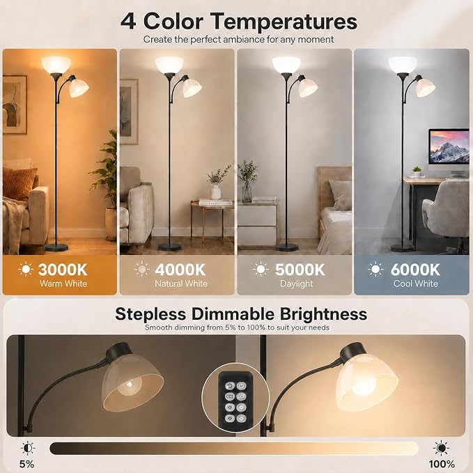 GERGO Led Floor Lamp, Super Bright 11W+7W 2100LM Torchiere Floor Lamps for Living Room, Stepless Adjustable 4 Color Temperatures 3000K-6000K with Remote Control for Bedroom (Matte Black)