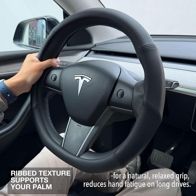 PINCTROT Supported Grip Nappa Leather Steering Wheel Cover for Tesla Model Y/3 Highland/Juniper, D Shaped 14 Inch Small Sized with Breathable Perforation, Flat Bottom 14 Inch(Black)