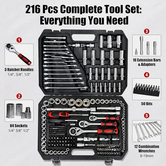 216 Piece Mechanics Tool Set, Heavy Duty Socket and Ratchet Wrench Toolbox Combo Kit, 1/4", 3/8" & 1/2" Drive Hand Tools for Auto Repair and Home Maintenance, Gifts for Men，Black