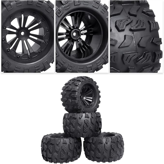 HobbyPark Pre-Glued 2.8" 12mm Hex 1/10 Scale RC Truck Tires and Wheels for Brushless Traxxas Rustler 4x4 VXL Stampede 4x4 2WD Redcat Volcano EPX Pro S30 Blackout XTE Pro(4-Pack)