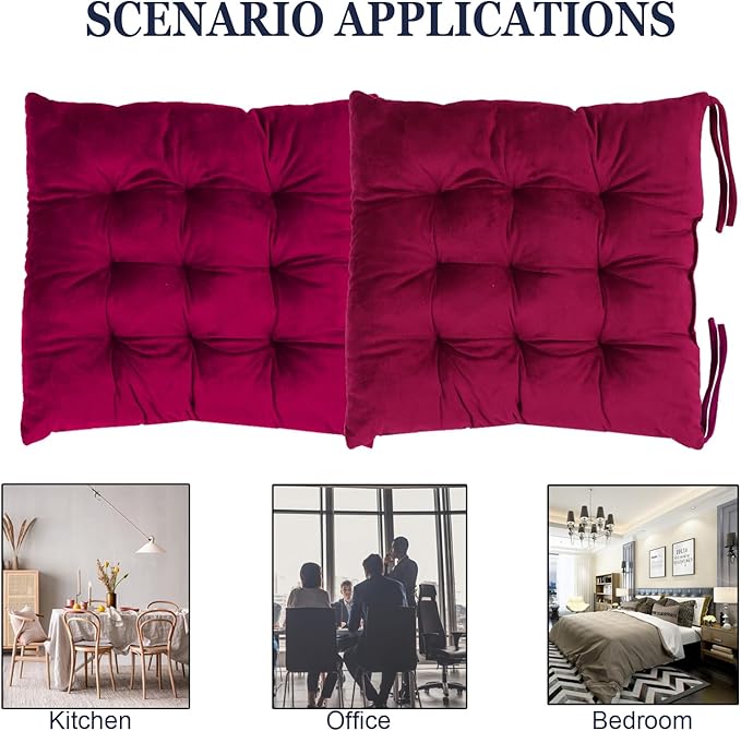 2 Pack Square Seat Cushion Chair Pads for Kitchen Dining Chairs, Soft Comfort Velvet Chair Mat Pillow Cushions with Ties for Office Desk Living Room Tatami 15.5", Burgundy