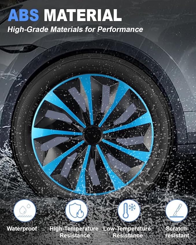 ABX Hubcaps,15 inch hubcaps Set of 4, Wheel Rim Cover ABS Material, Snap On Car Truck SUV Replacement, for Toyota Camry Nissan Mazda etc, Black & Blue