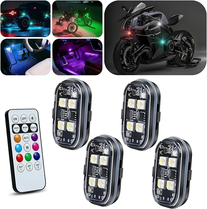 Upgraded 4PCS Wireless LED Strobe Lights for Car, 8 Colors Interior Car Lights with Remote Control, USB-C charging Warning Light for Car Motorcycle Drone Bike Decor