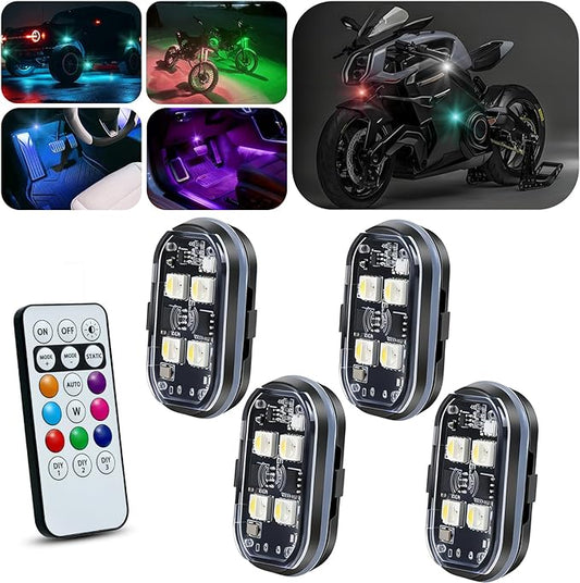 Upgraded 4PCS Wireless LED Strobe Lights for Car, 8 Colors Interior Car Lights with Remote Control, USB-C charging Warning Light for Car Motorcycle Drone Bike Decor