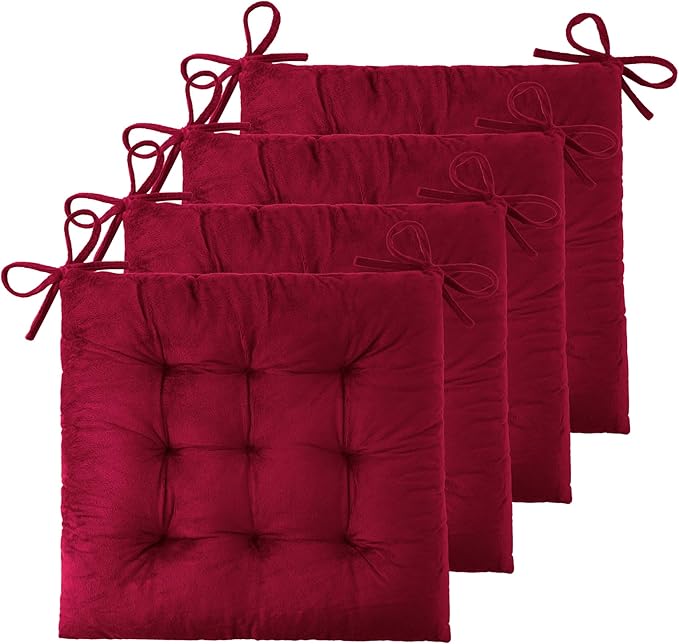 ELFJOY Set of 4 Square Chair Pads Indoor Seat Cushions Pillows with Ties Thick Soft Seat Cushion for Kitchen Dining Office Chair (18", Burgundy)