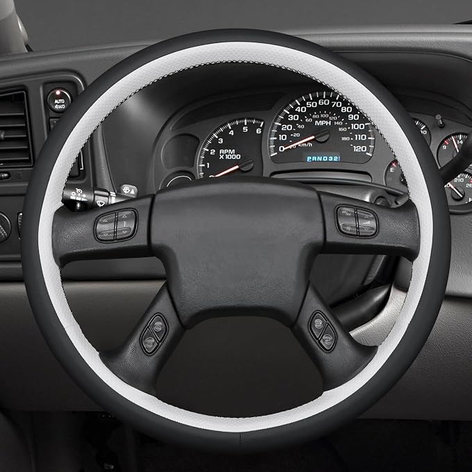 MEWANT Hand Stitched Steering Wheel Cover for Chevy Silverado 1500 2003-2006 Trailblazer White Black Faux Leather Wrap