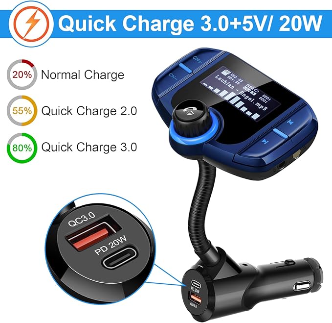 Sumind 2026 Upgraded Wireless Bluetooth Car Adapter FM Transmitter, 1.7'' LCD Display, Flexible Gooseneck, 20W QC3.0&Dual USB Ports, AUX Input/Output for Hands-Free Call, Micro/TF Card(Blue,PD)