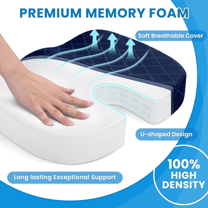 TushGuard Seat Cushion - for Office Chair, Car Seat, Airplane, Bleacher - Sciatica & Coccyx Pain Relief Desk Chair Cushion for Long Sitting Office Workers, Car Drivers(Blue, XX-Large)