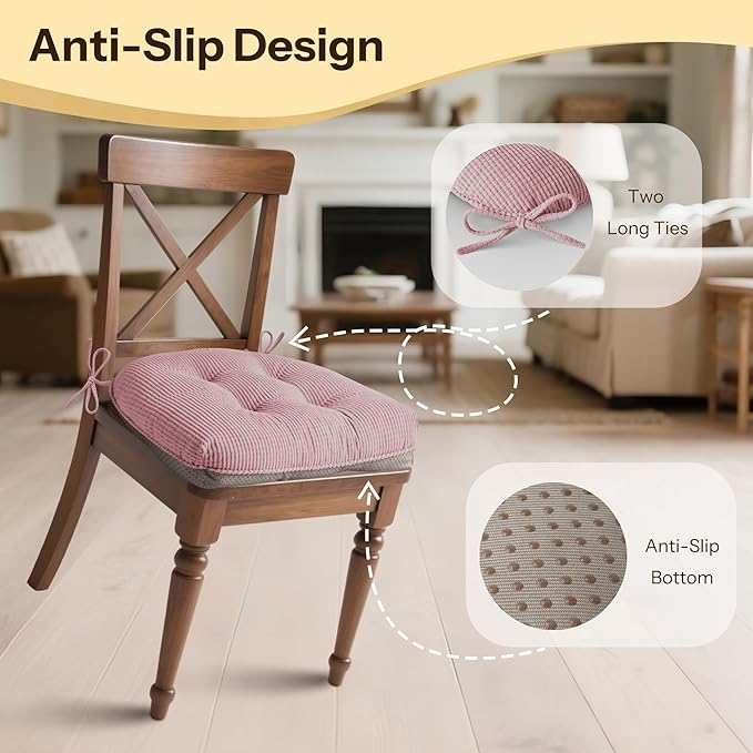 Indoor Kitchen Chair Cushions Set of 2 18"X16.5"X3" Soft Anti Slip Dining Chair Pads Tufted Kitchen Seat Cushion with Ties, Light Pink