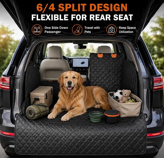 SUV Cargo Liner for Dogs,60/40 Split Seat Access,Waterproof Dog Trunk Cover | Feature: 60/40 Split Access | Material: Waterproof PU Leather | Protection: 15.75" Side Flaps & 19.69" Bumper Flap