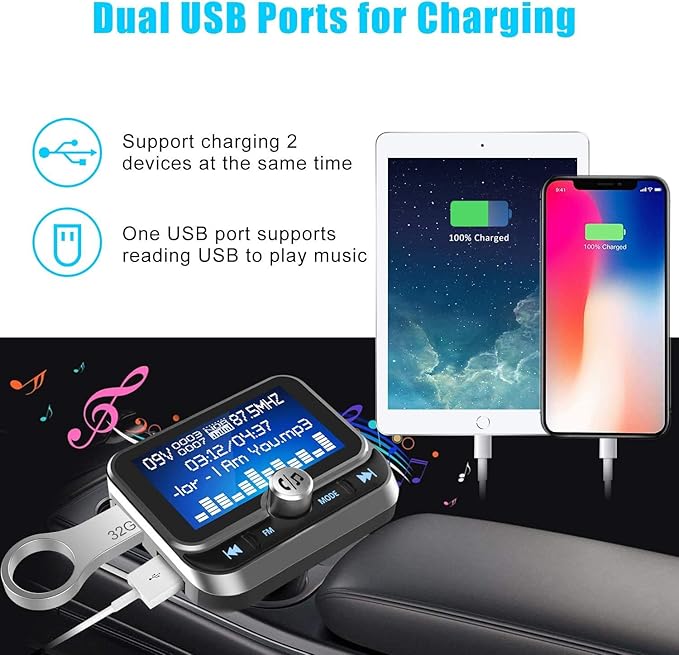 Bluetooth FM Transmitter for Car, Wireless Bluetooth 5.0 Radio Adapter Car Kit with Handsfree Calling 2 USB Ports Voltage Detection Support TF Card U-Disk