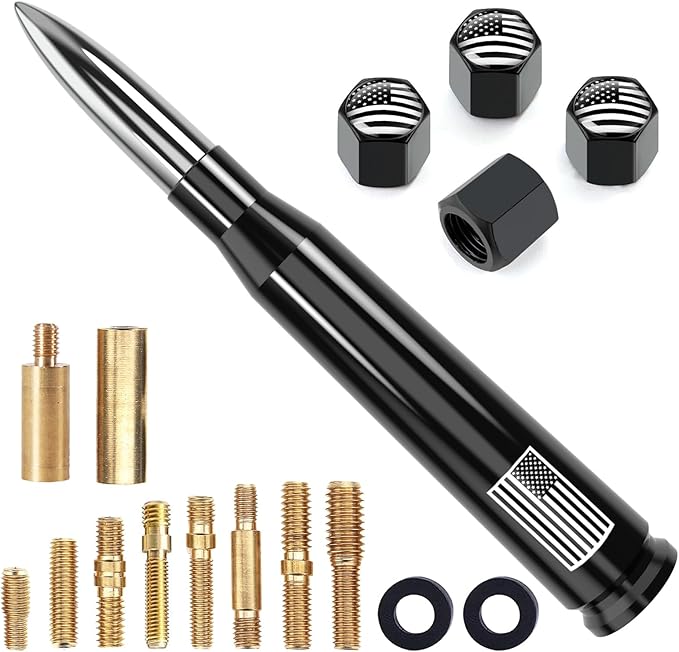 Car Truck Antenna with Valve Stem Cap American Flag Universal Short Replacement for GMC Sierra Chevy Silverado Dodge Ram 1500 2500 3500 Ford F150 F250 F350 Super Duty Raptor Accessories, Chrome