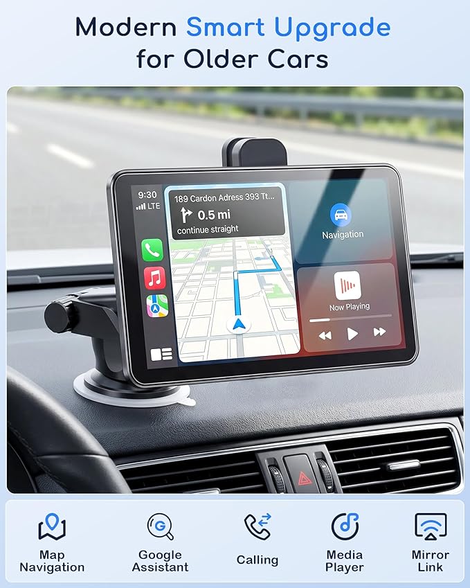 Plug & Play 7" Portable Wireless CarPlay Screen: Supports Apple CarPlay & Android Auto - 1080P Night Vision Backup Camera & 2.5K Dash Cam - Voice Control for Maps & Calls - Upgrade for Older Cars