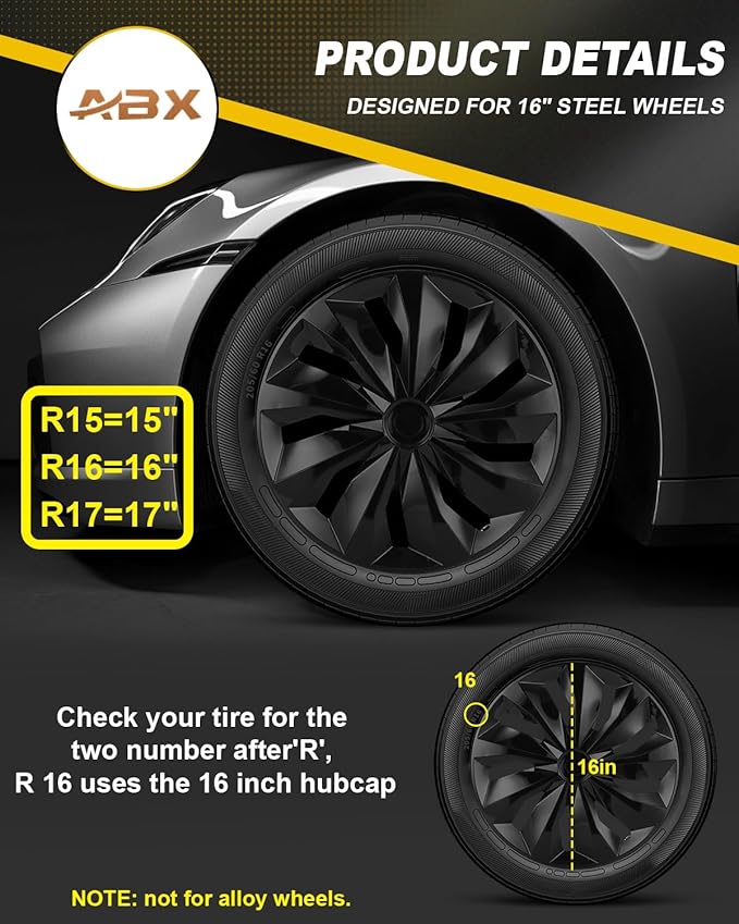 ABX Hubcaps,16 inch hubcaps Set of 4, Wheel Rim Cover ABS Material, Snap On Car Truck SUV Replacement, for Toyota Camry Nissan Mazda etc, Black