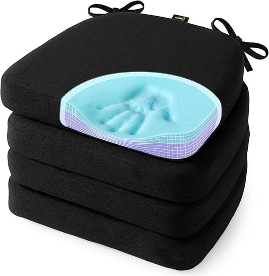 SUNROX Cooling Gel Memory Foam Chair Cushions, 2.6" Thick U-Shaped Dual-Layer Comfort Dining Chair Pads, Non Slip Seat Cushion with Ties for Indoor Kitchen Office 17"x16" Set of 4, Midnight