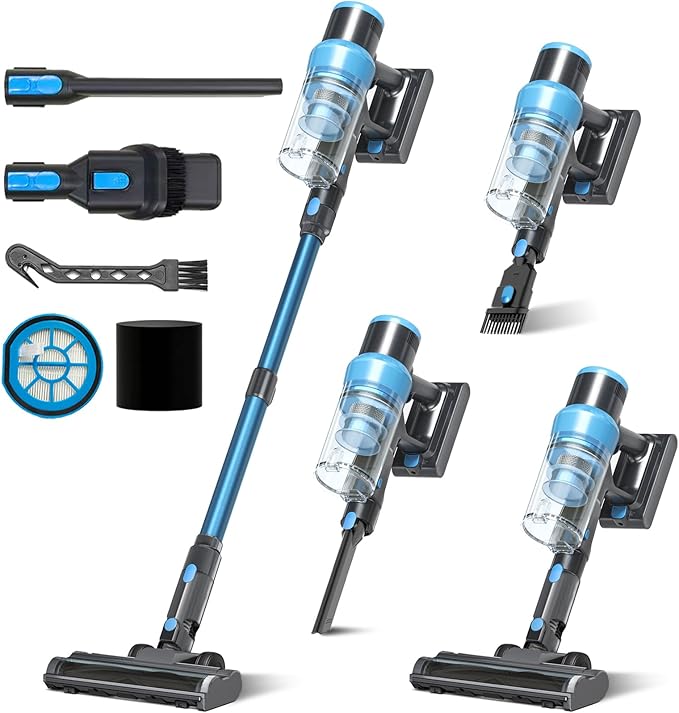 Cordless Stick Vacuum Cleaner: 45kPa Powerful Suction & 60Min Runtime, Self-Standing with Green Light & Anti-Tangle Brush, Rechargeable Lightweight Vacuum for Home Pet Hair on Carpets and Hard Floors