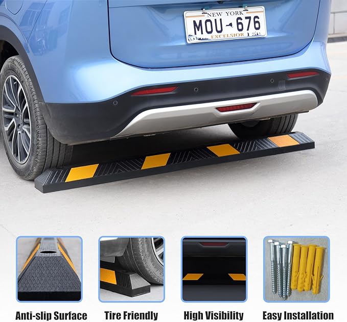 72" inch 6' Feet Heavy Rubber Parking Curb, Installation Kits Included, Parking Garage Floor Stopper, Wheel Stopper for Vehicles Truck Driveway Protect Cars Vans Trucks Pumpers (72" - 1Pack)