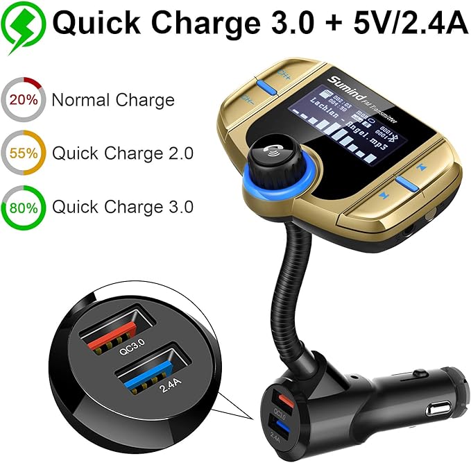 Sumind 2026 Upgraded Wireless Bluetooth Car Adapter FM Transmitter, 1.7'' LCD Display, Flexible Gooseneck, 20W QC3.0&Dual USB Ports, AUX Input/Output for Hands-Free Call, Micro/TF Card(Golden,Normal)