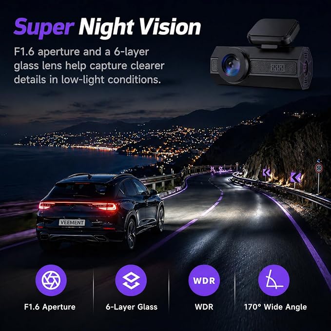 Dash Cam 2.5K Dash Cam Front, VEEMENT Dash Camera for Cars with APP, WiFi Control Dash Cams with WDR Night Vision, 24Hr Parking Mode, 170° Wide Angle, G-Sensor, Loop Recording