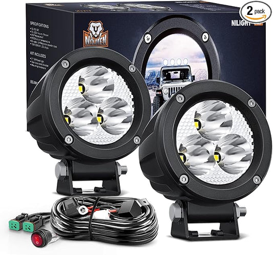 Nilight 3Inch Round Motorcycle Led Light Pods 2PCS Spot Led Fog Light 1550LM Built-in EMC Offroad Driving Auxiliary Ditch Light for Motorbike SUV ATV Truck Boat Tractor Forklift