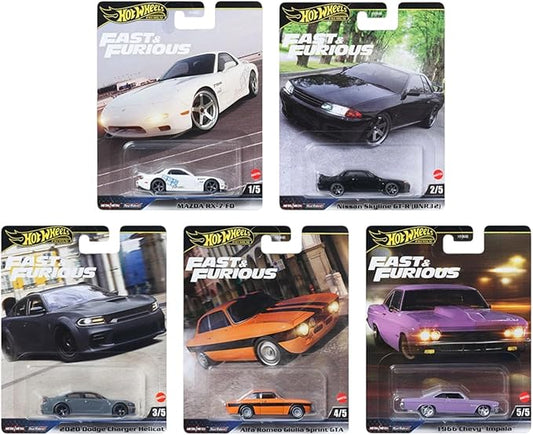 Hot Wheels Fast & Furious Die-Cast Cars Collection, 5-Pack Set, Mazda RX-7, Nissan Skyline, Dodge Charger, Alfa Romeo, Plymouth HNW-956K
