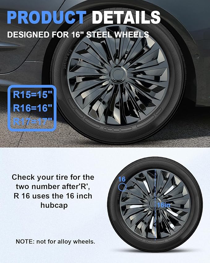 ABX Hubcaps,16 inch hubcaps Set of 4, Wheel Rim Cover ABS Material, Snap On Car Truck SUV Replacement, for Toyota Camry Nissan Mazda etc, Black