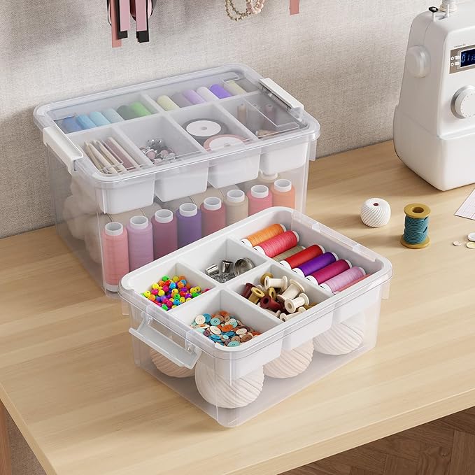 80Qt Stackable Storage Bins with Lids & Trays, Clear Plastic Latching Boxes Organizers with Dividers Portable 20Gal Containers for Arts & Crafts, Home and Car Trunk Organization, 4Pack