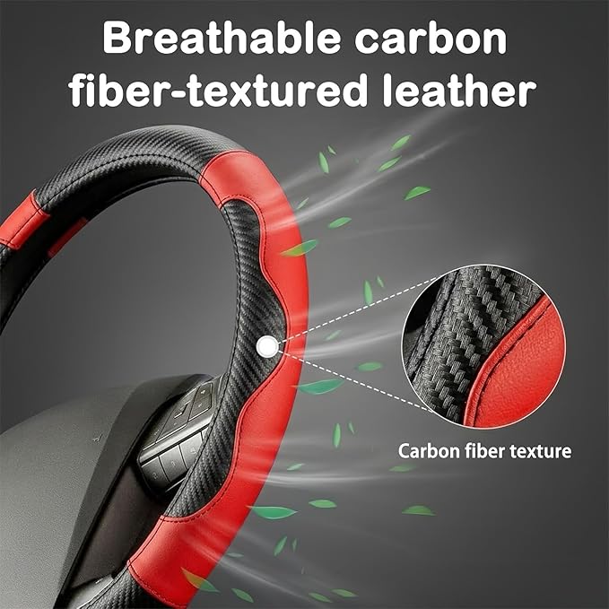 20 Inch Semi Truck Steering Wheel Cover, Anti-Slip Breathable Carbon Fiber Texture with Inner Ring, Black Red for Long-Haul Driving