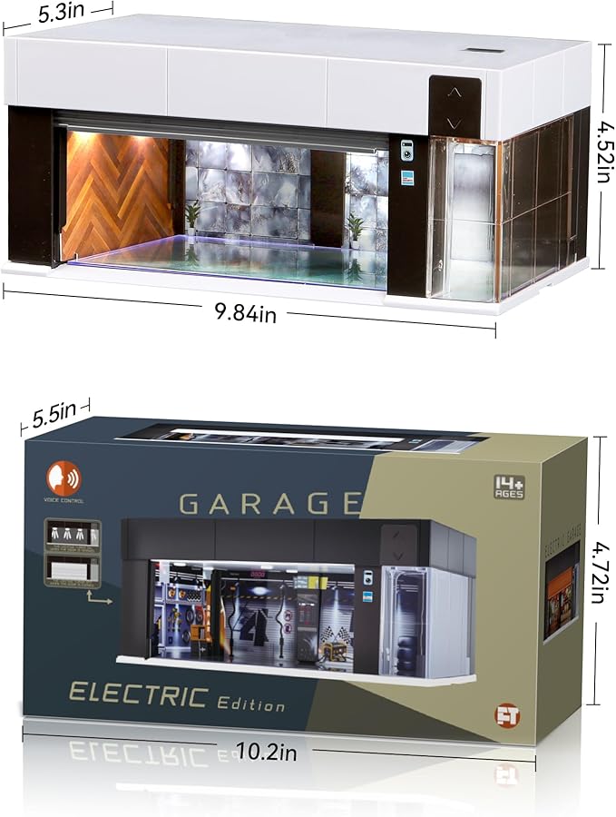 1/64 Scale Diecast Display Case for Hot Wheel Storage with LED Lights, Stackable Electric Garage with Voice Control, 3 Replaceable 3D Scenes Parking Lot Diorama for Model Cars (White)
