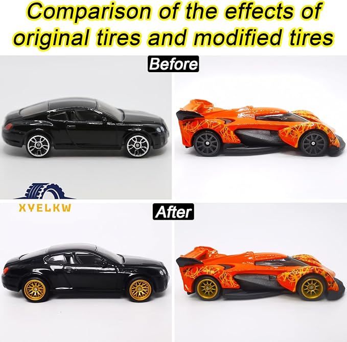 1/64 Wheels and Tires Set, 10-Pack 1 64 Scale Wheels with 10 for 1/64 Diecast Cars Upgraded and Modified Rubber Tires(Diameter 0.43in/11mm) (Gold)