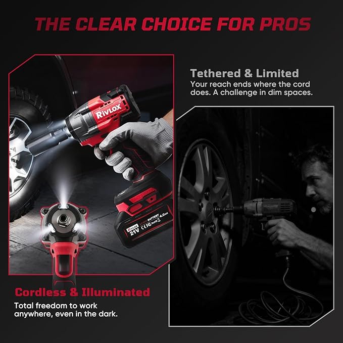 Cordless Impact Wrench1/2 Inch, 800N. M/590Ft-lbs Power Impact Gun Kit, High Torque Electric Impact Driver for Car RV Tire,LED Light,4.0Ah Battery,Car/DIY Furniture/Home,Power tools,Red Toolbox