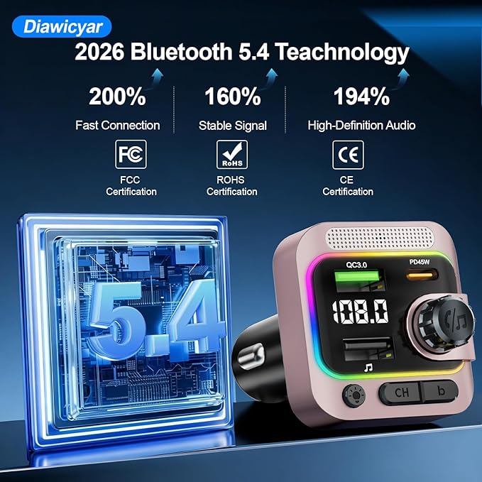 FM Transmitter Bluetooth Car Adapter - 63W Wireless Radio FM Bluetooth Transmitter with Deep Bass Player for Old Cars [PD 45W & QC3.0], Car Charger USB C Fast Charge, Hands-Free Calling, Pink