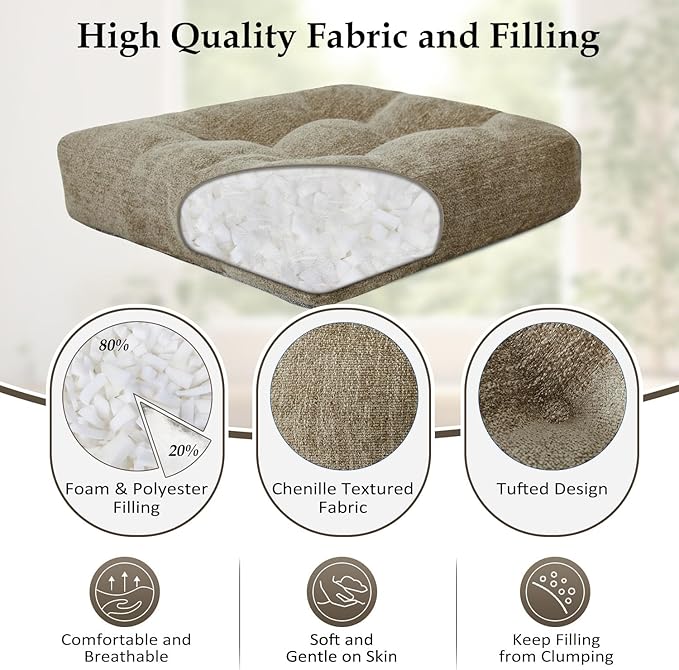 downluxe Chair Cushions for Dining Chairs 2 Pack, Tufted Indoor Chair Pads with Non-Slip Bottom, U-Shaped Kitchen Chair Cushions, 18"x18"x4", Khaki