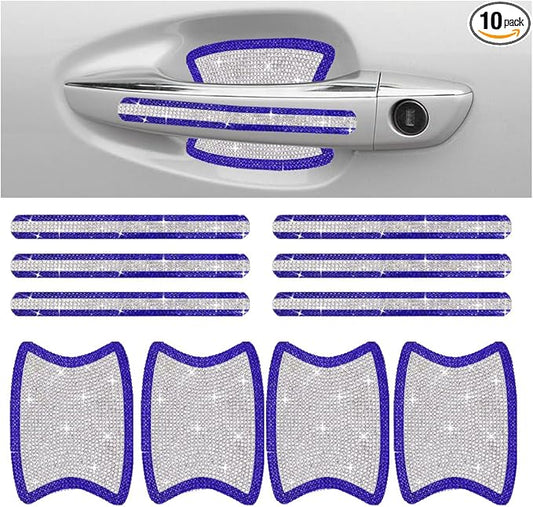 JOYCOURT 10PCS Bling Car Door Handle Anti-Scratch Sticker, Universal Car Doors Handles Protective Cover, Shiny Rhinestone Auto Decor Accessories for Women (Blue&White)