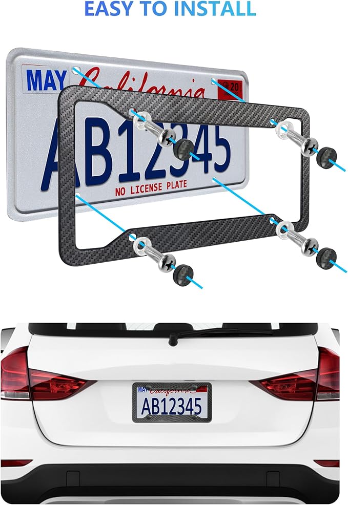 Carbon Fiber License Plate Frames- Black Carbon Pattern Aluminum Front & Rear Car Tag Holder Cover 2 Pack with Mount Hardware, Screws, Caps, Handlebar Stickers