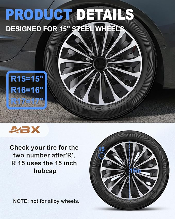 ABX Hubcap Wheel Covers Hub Caps 15 Inch Set of 4 Black & Silver Universal Wheel Rim Cover R15 Stylish Car Decor Wheel Covers for Toyota Camry Nissan Mazda (TT Black & Silver, 15 inch)
