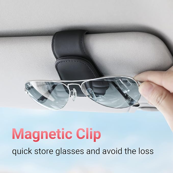 KanSmart Sunglass Holder for Car Visor Sunglasses Clip Magnetic Leather Glasses Eyeglass Holder Interior Car Accessories for Woman Man -2 Packs Black
